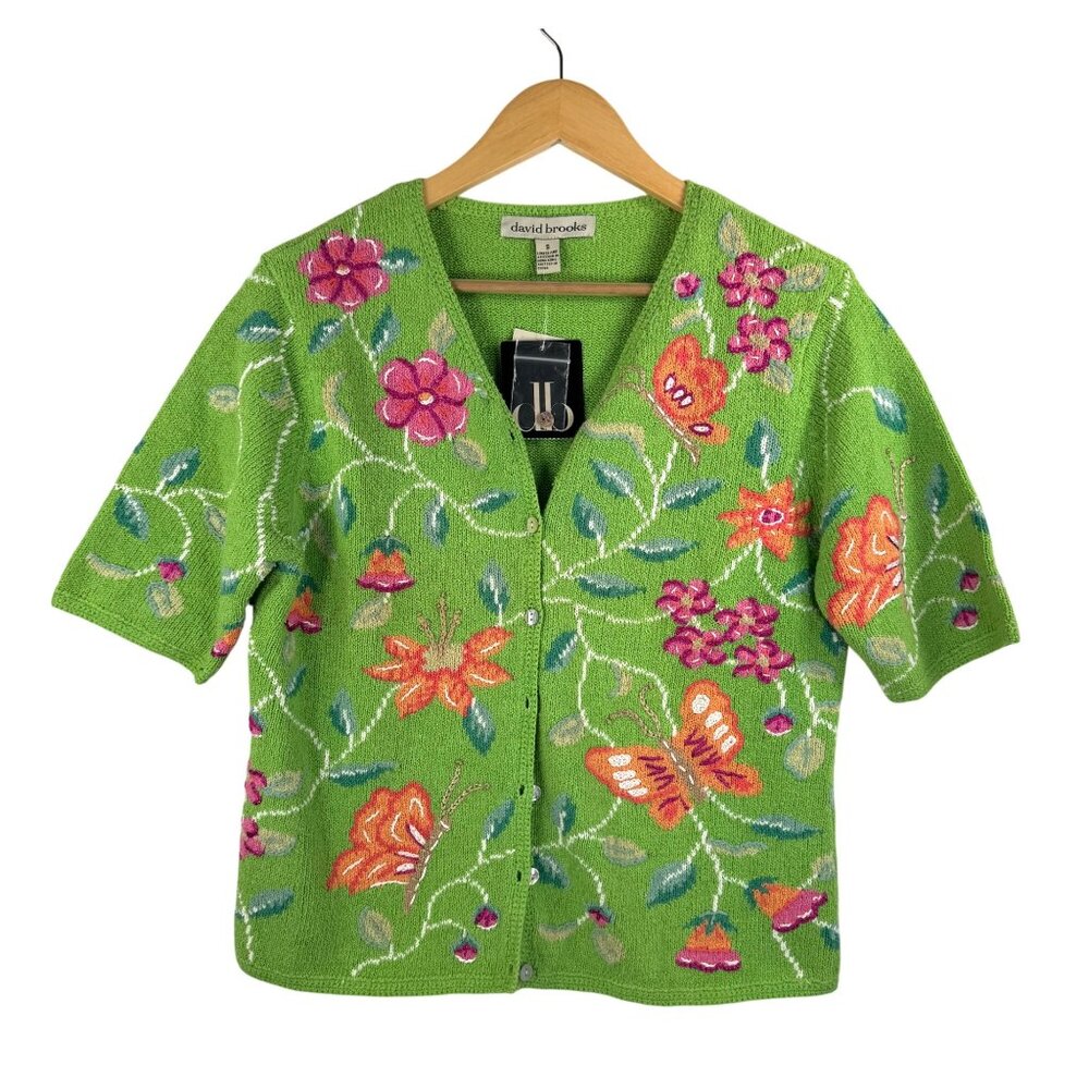 VTG‎ David Brooks ramie blend embroidered floral cardigan sz S